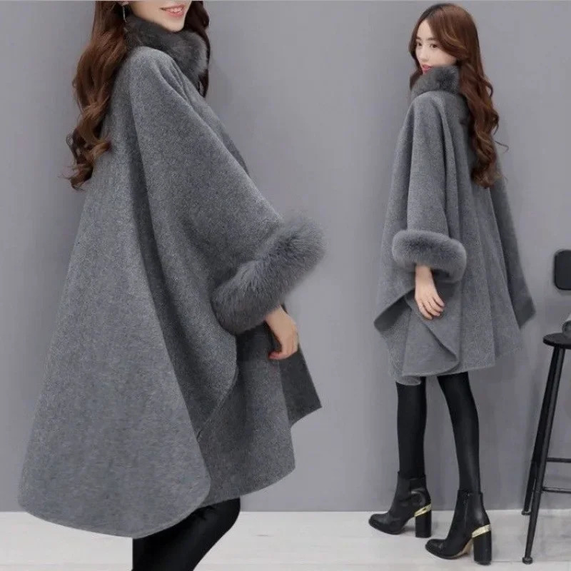 Hebe Style Thickened Woolen Coat for Women Autumn Winter MidLength Ladies with Rabbit Fur Collar Womens Clothing 251028