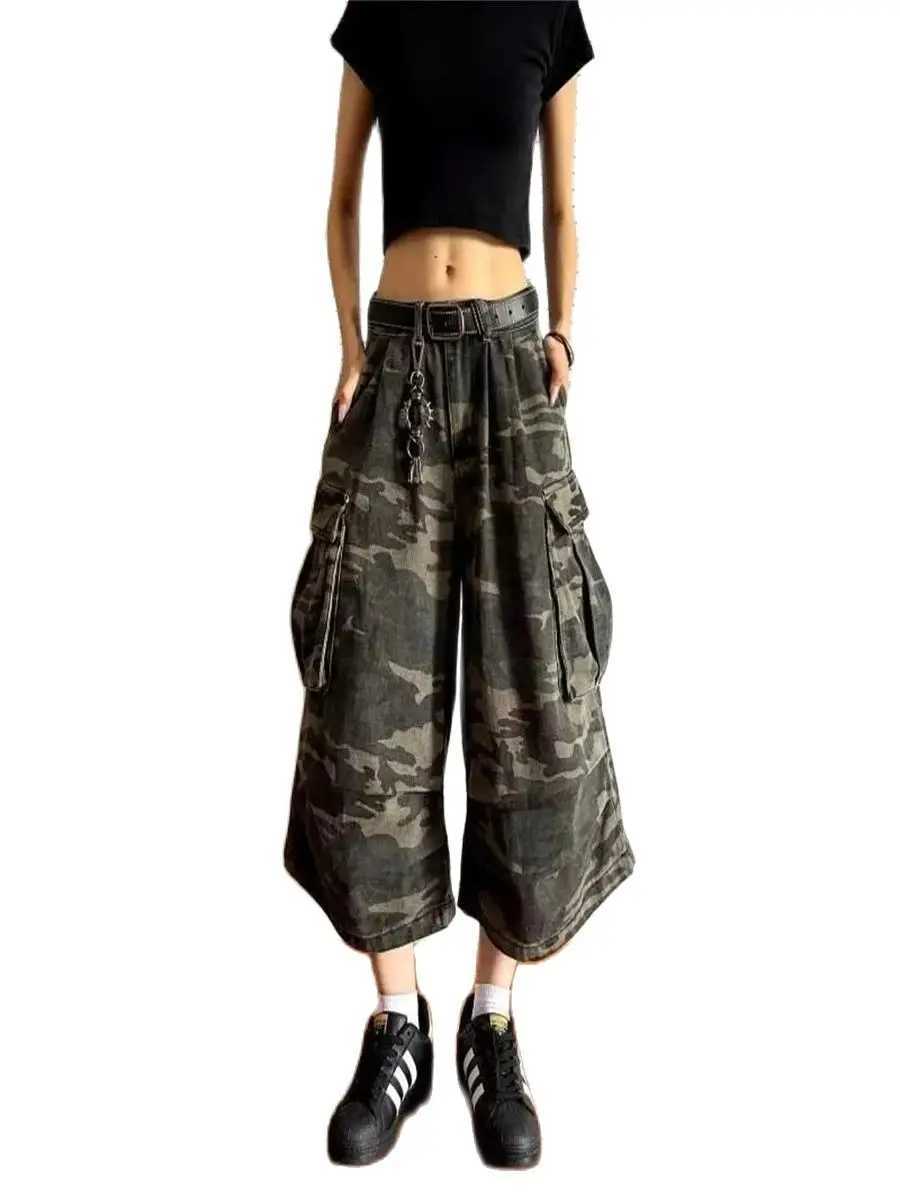 American style denim vintage curved knife style distressed cropped pants camouflage work pants unisex loose straight leg wide le J251030