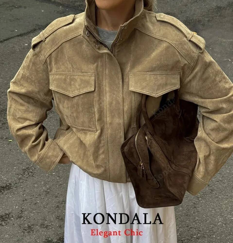 winter jacket women Women Fall Casual Suede Standing Collar Pockets Loose Coat 2025 Autumn Winter Fashion High Street Lady Jacket