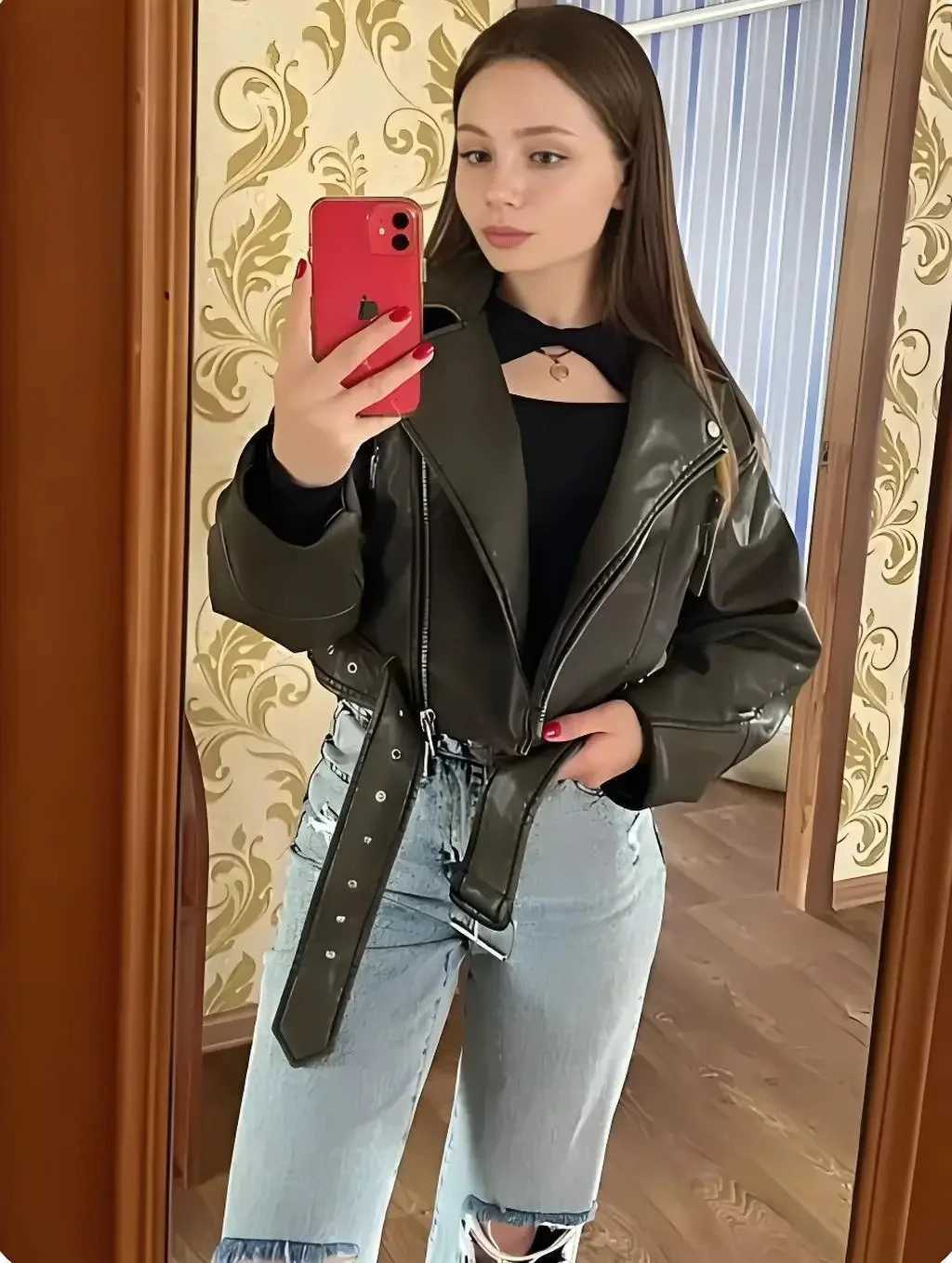 Women Oversized Vintage Loose Pu Faux Leather Short Jacket with Belt Streetwear Female Zipper Retro Moto Biker Coat Outwear Y251105