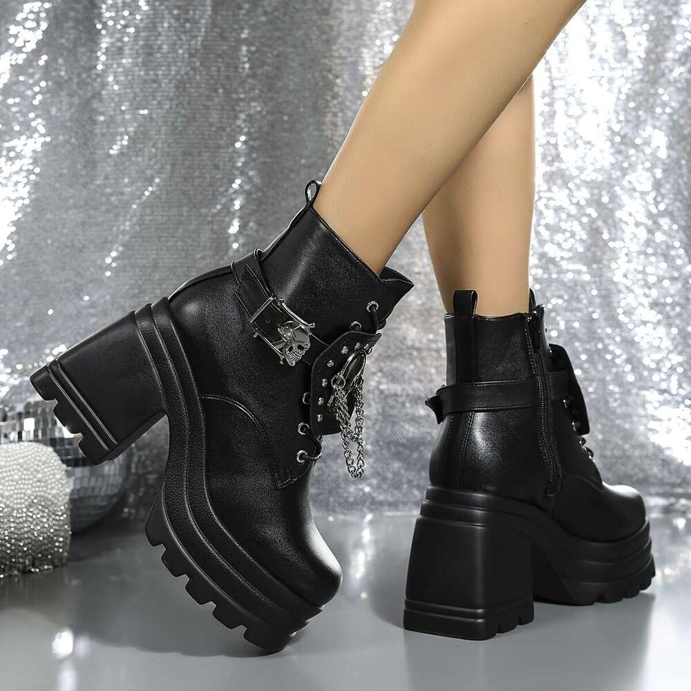Black Platform Gothic Boots For Women Chunky High Heeled Combat Ankle Boot Lace Up Zipper Punk Short Booties