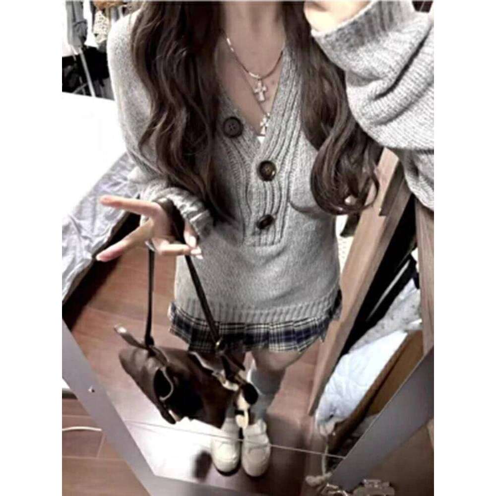 Aoaiiys Sweater Women Gray Long Sleeve Knitted Jumpers Spice Girls Slim Pullover Autumn Winter New Comfortable Casual Sweaters Designer Sweater Women 