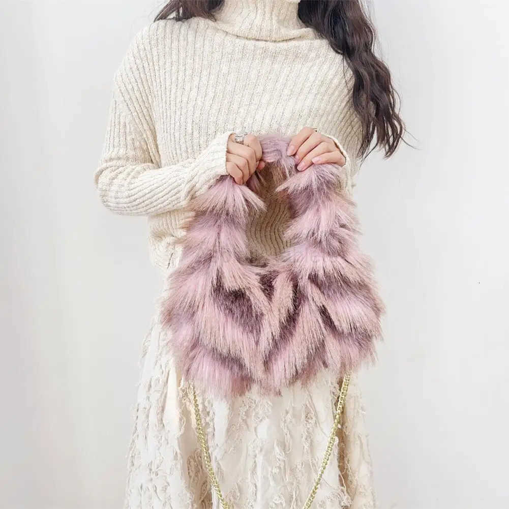 Fuzzy Shoulder Bag Ladies Faux Fur Crossbody Bag Shaggy Fluffy Handbag with Chain Shoulder Strap for Travel Work Shopping Dates M251030