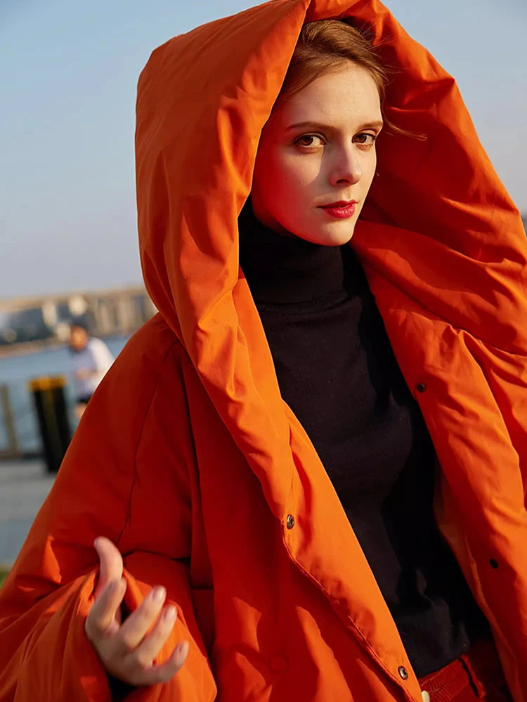 Winter Hooded Long Sleeve Warm Coats Parkas Fashion Loose Fluffy Orange Red Oversized Down Jacket 251027