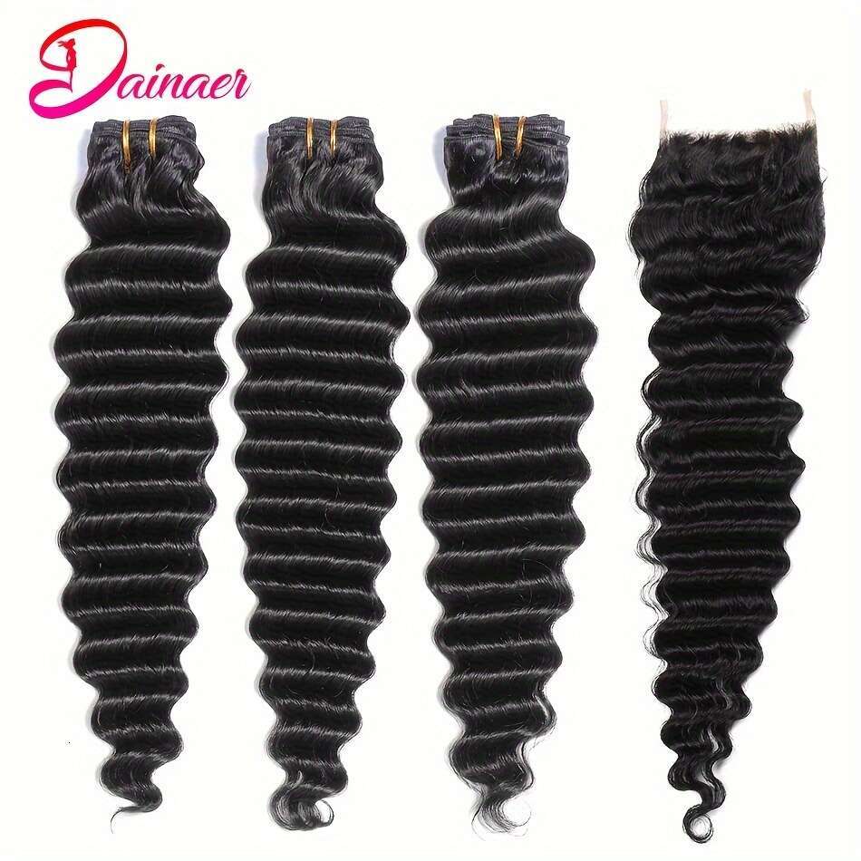 3 Bundles Human Hair Extensions With 4X4 Transparent Lace Closure - Free Part, Natural Black, Long Curly Style, Versatile For All Ethnicities, Ethnic 