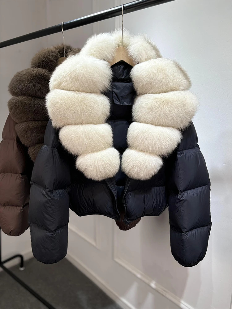 Janveny Puffer Jacket Women With Large Natural Fox Fur Collar Short Fluffy Thick Parkas Female 90 White Duck Down Coat 251023