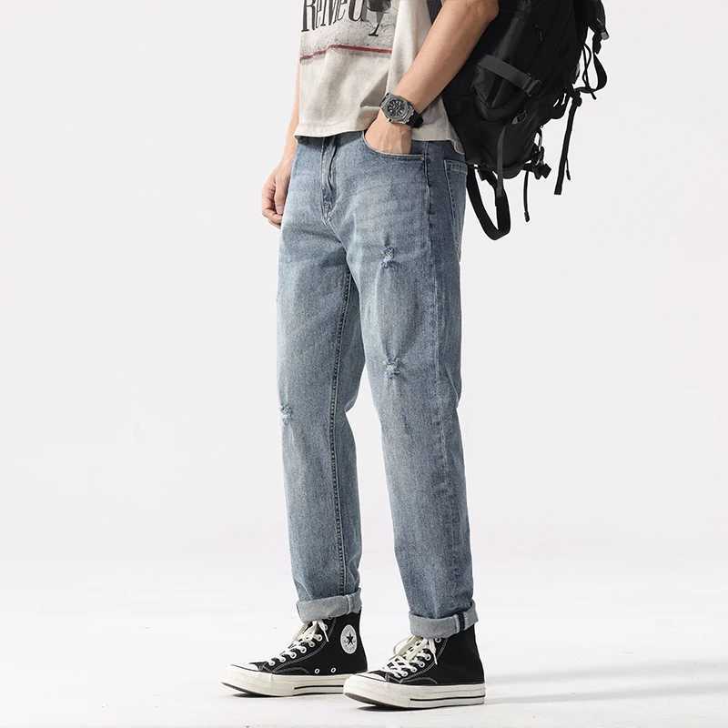 2025 springsummer new mens ripped jeans loose straight leg fashionable retro blue denim pants personalized street wear hiphop J251030