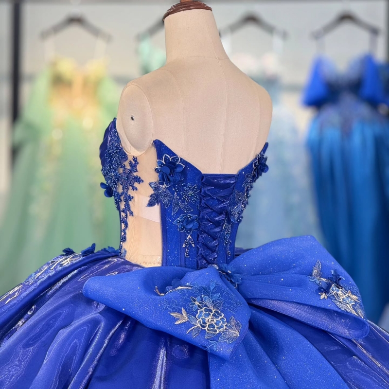 Royal Blue Shiny Quinceanera Dresses Off The Shoulder Applique Flower Beading Bow Tull Party Birthday Sweet 16 Dress Vestidos 15 Anos