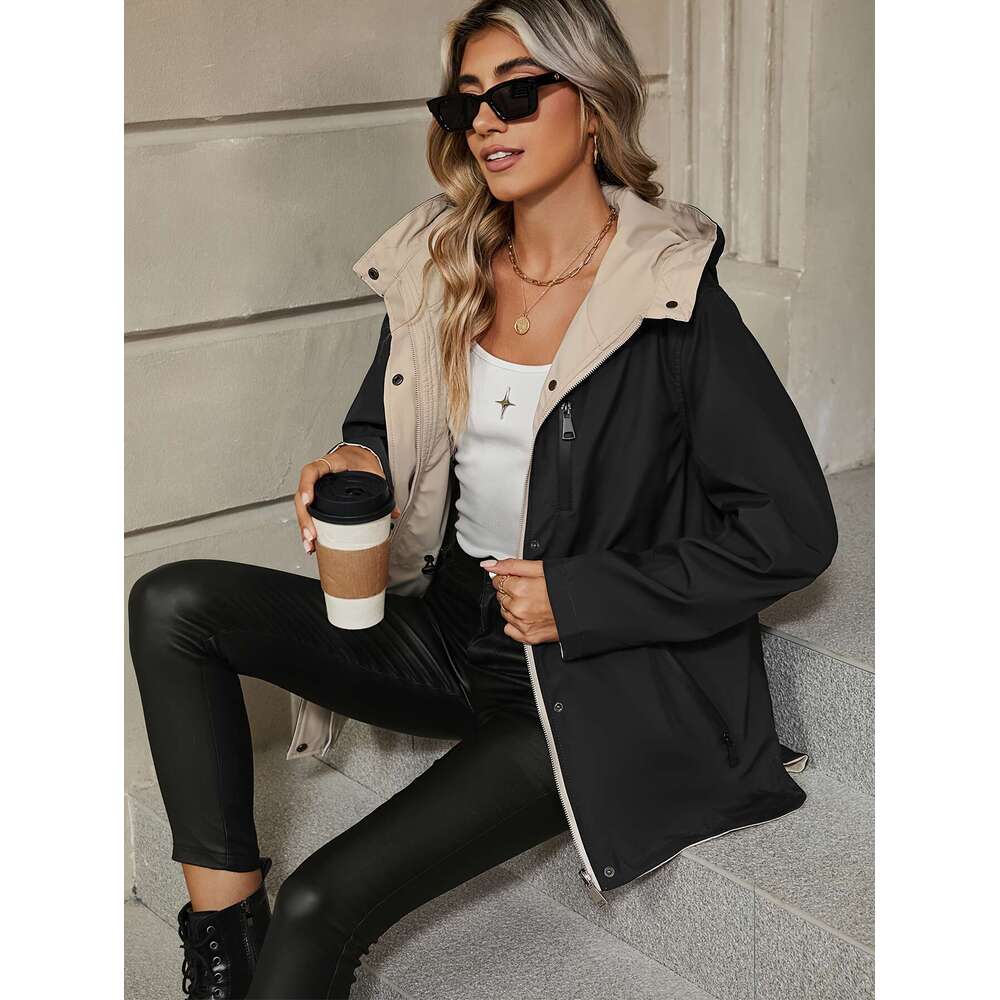 Long Sleeve Double Sided Drawstring Waist Hooded Jacket With Zip Up Button Front And Pocket Casual Women S Clothing