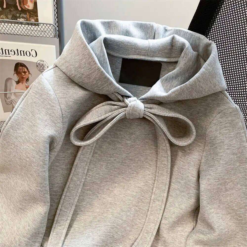 Women's Grey Long Sleeve Bow Hoodies Streetwear Vintage Haruku Korean Y2k Fashion Oversize Sweatshirt 2000S Clothes