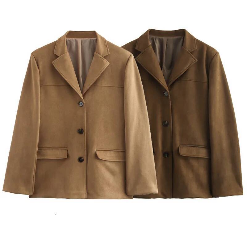 winter jacket women HXAO Women's Suede Jacket Spring 2025 Outerwears Brown Long Sleeve Blazer Vintage Solid Fitted Coat Old Money Jackets 066