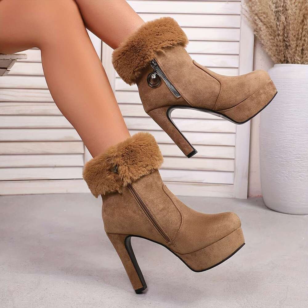 Women's Winter Sexy Chunky Platform Heels, Thick Non-Slip Rubber Sole, Side Zipper Closure, Warm Brown Boots For Parties, Everyday & Formal Event