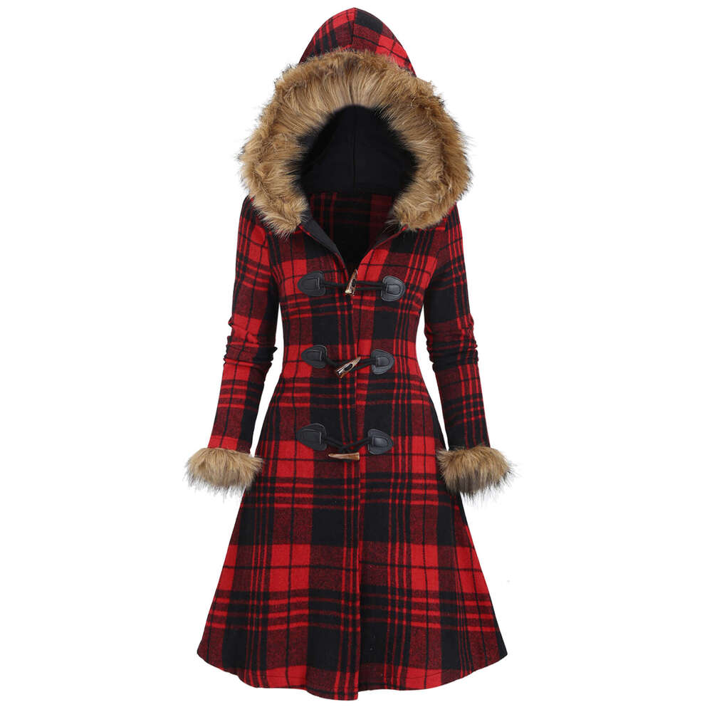 Women S Tartan With Hood Collar Bury Black White Plaid Jacket Golden Tone Buckles Like Trim Fau Hine Washable Elegant Scottish Inspired Outerwear For 