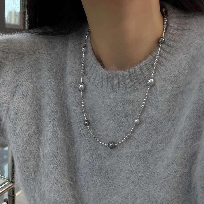 Mother-of-Pearl Ruyi Buckle Starry Sky Genuine Hemp Gray Shijia Pearl Necklace Fashionable Temperament Internet Celebrity Long Sweater Chain