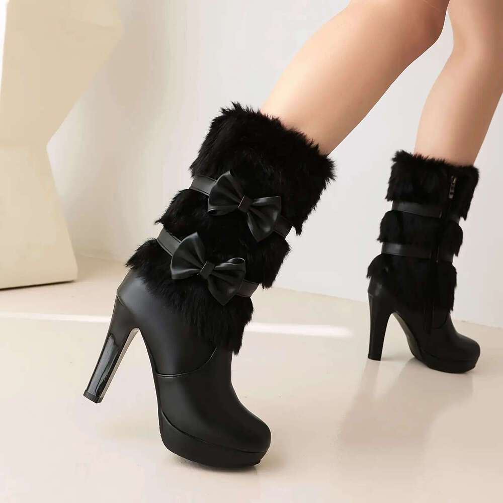 Women's Elegant White Faux Fur-Lined Stiletto Heel Knee-High Winter With Bow Detail & Side Zipper Slip-Resistant Rubber Sole, Thick Platform-Like