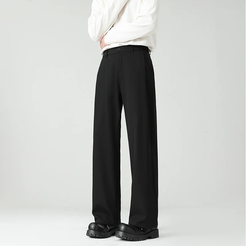 Autumn Mens Black Gray Suit Pants Loose Straight Drape Solid Color Elastic Business Work Casual Trousers Fashion Clothing 251028