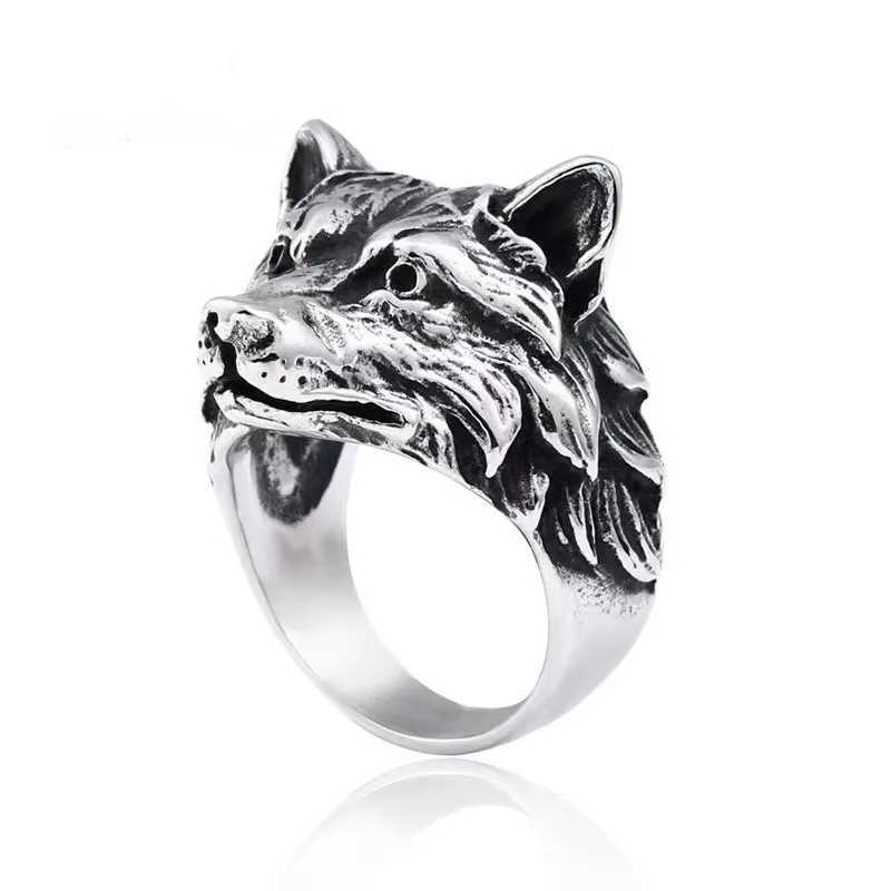 European and American retro wolf head ring trendy animal exaggerated domineering hiphop personality open ringW251030