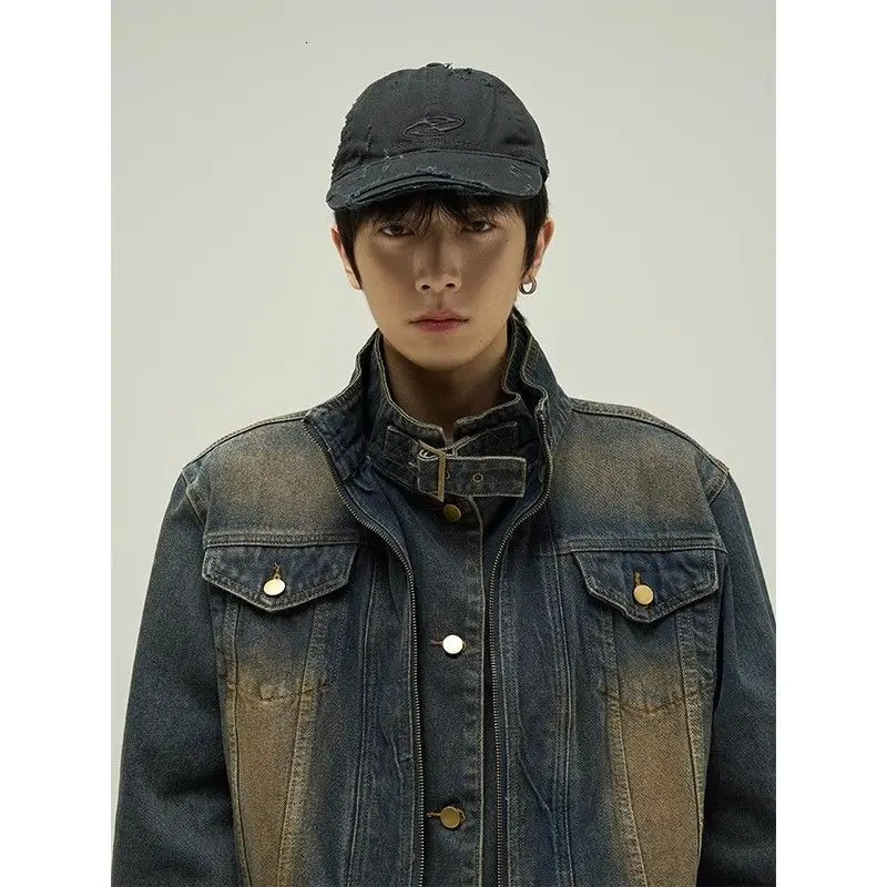 Vintage Denim Jacket Man Woman Short Zipper Single Breasted Cowboy Crop Coats Blue Washed Stand Collar Unisex Jeans Outerwear 251016