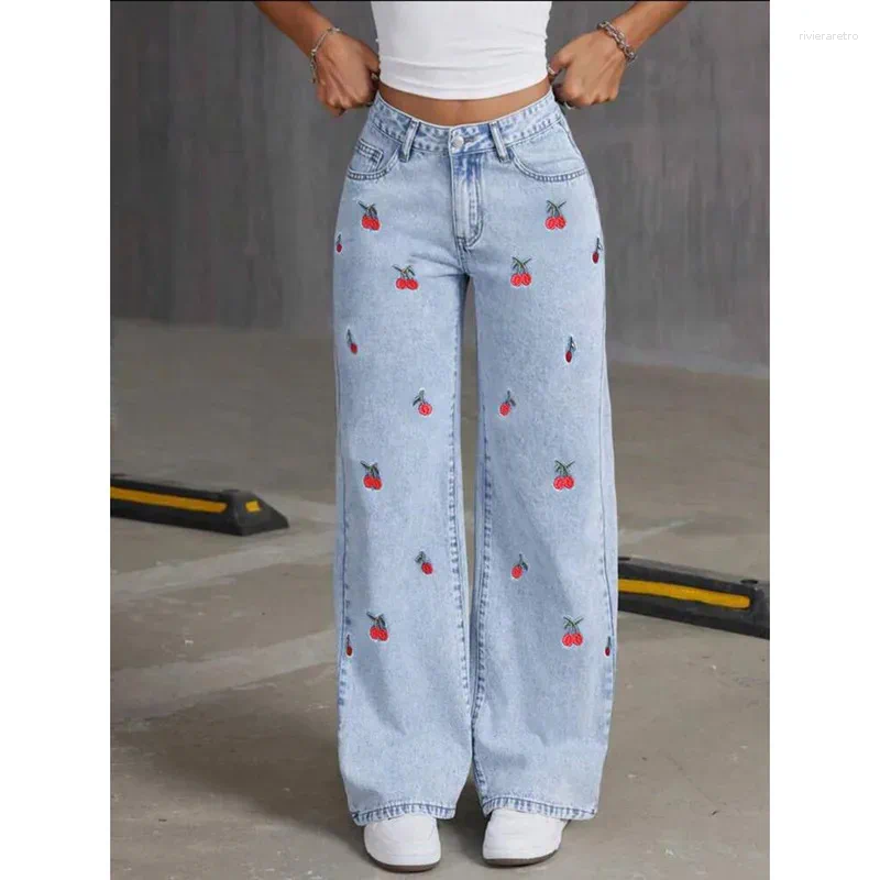 Women's Jeans Women Embroidery High Waist Distressed Washed Pockets Vintage Floor Length Trousers 2025 Denim Wide Leg Pants Streetwear Z260313