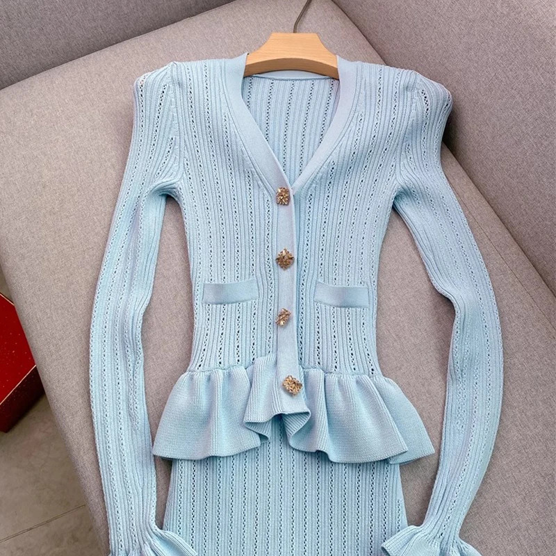 YuooMuoo Fashion Onepiece Knitted Maxi Dress Women Elegant Vneck Ruffled Slim Waist Bodycon Sweater Dress Party Vestido 251029