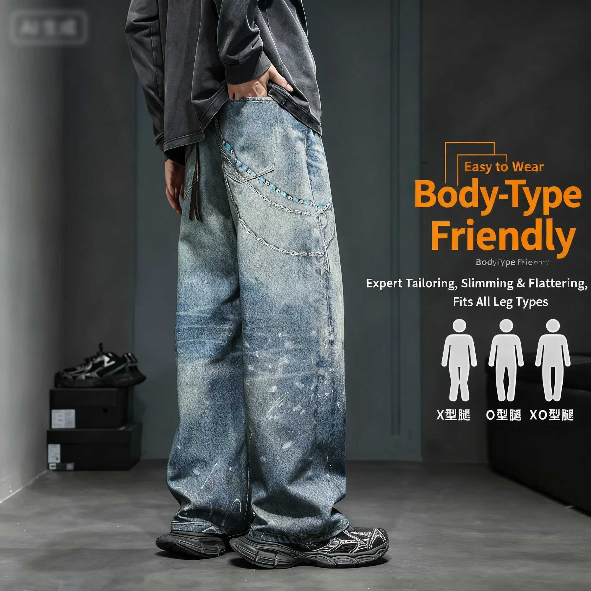 American street retro washed dirty straight leg loose high waisted jeans with distressed chain print mens straight leg jeans J251030