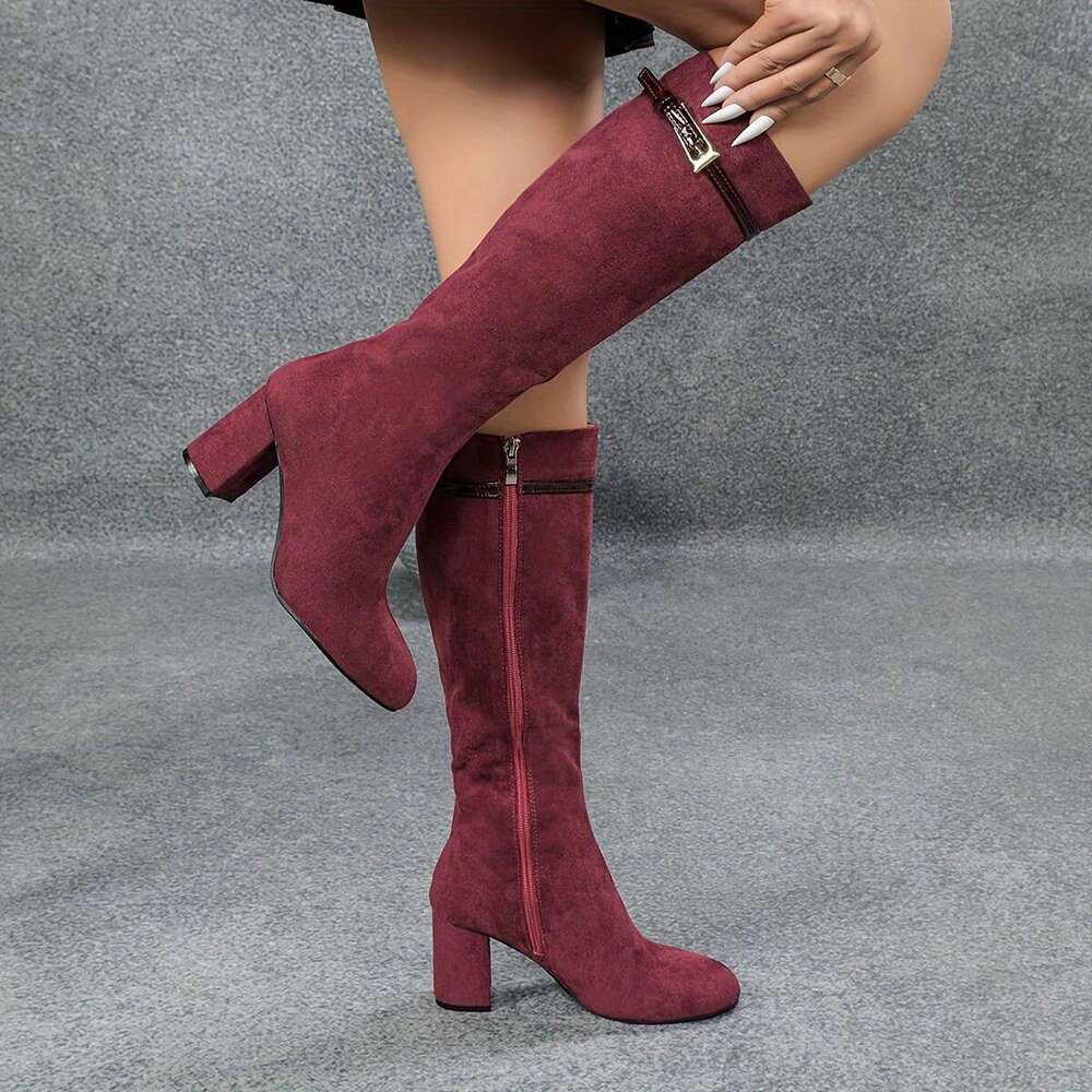 Coarse Heeled Round Toe High-Heeled Bury Side Zipper Knight Knee High Boots, And Long Boots