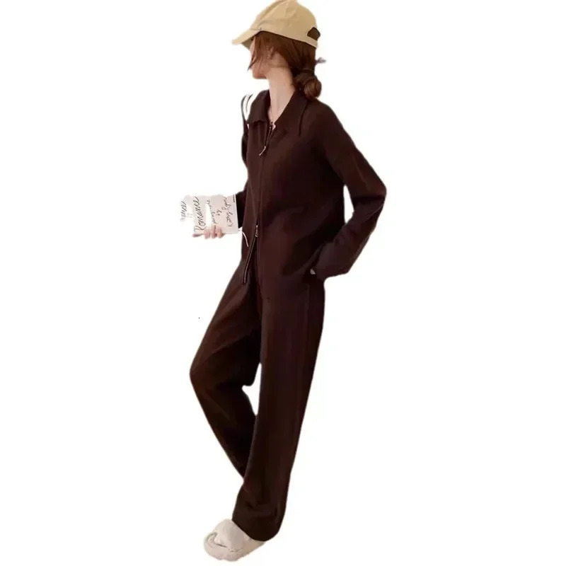 Korean style lazy style lapel sweater suit autumn and winter zipper loose knitted wideleg pants twopiece set for women 251029