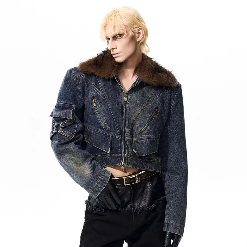 LUZHEN Fashion Original High Quality Fur Neck Patchwork Washed Denim Jacket Men 2025 Fashion Street Casual Short Coat JY4506 251024