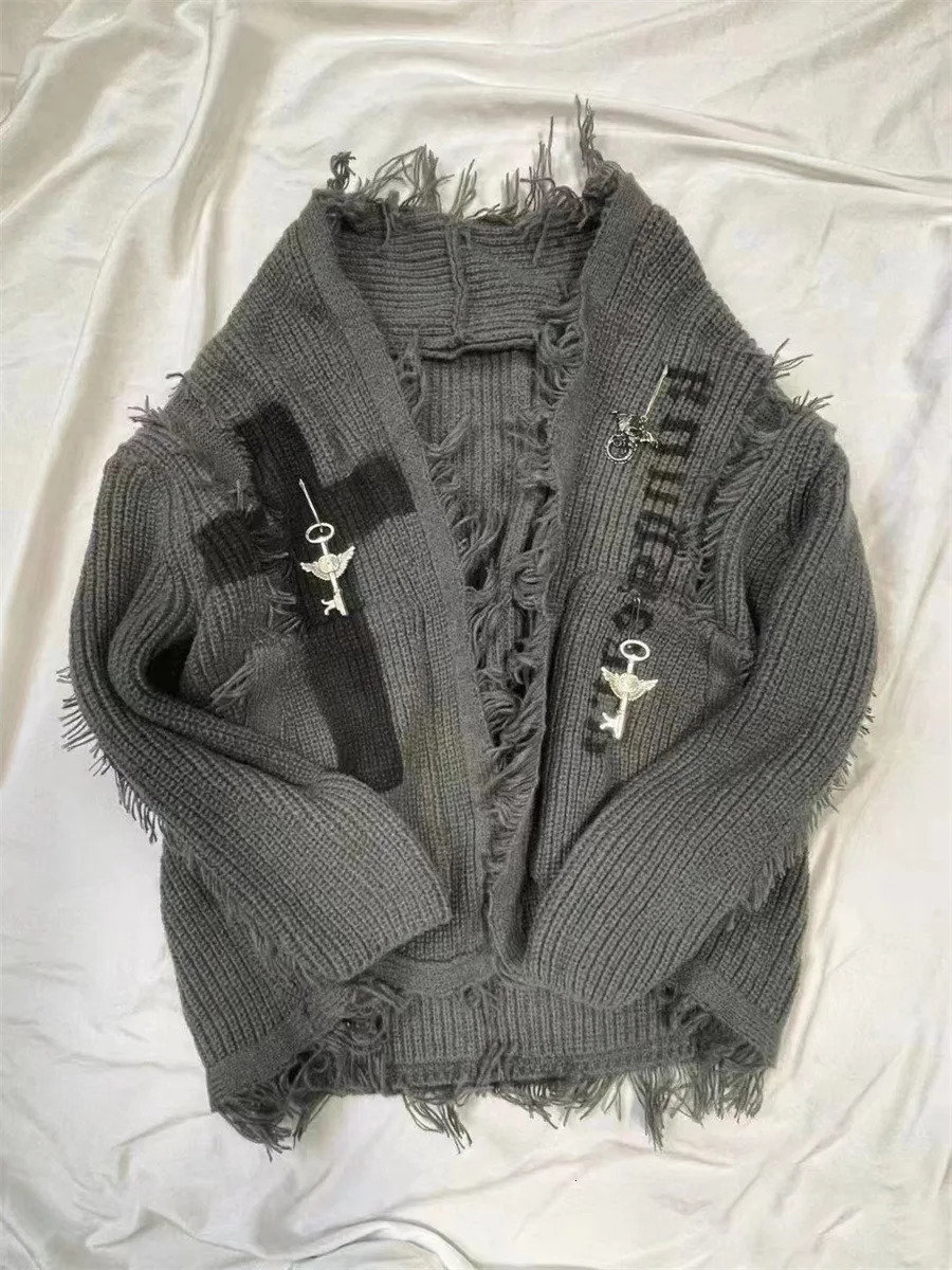 Y2k American Retro Dark Vintage Cardigan Sweater with Holes Men and Women Fashion Torn Punk Mid Length Knitted Jacket 251029