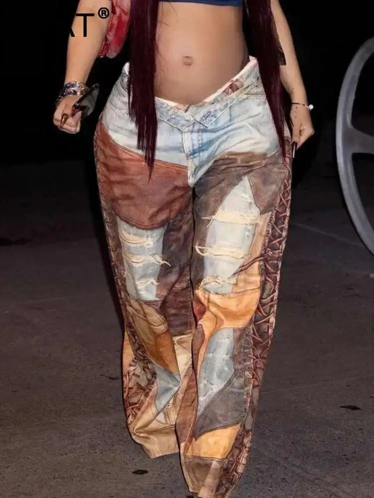 DEAT Fashion Womens Denim Chain Pants PU Leather 3D Printing Patchwork e Wide Leg Ripped Jeans Spring 7AB6843 251029