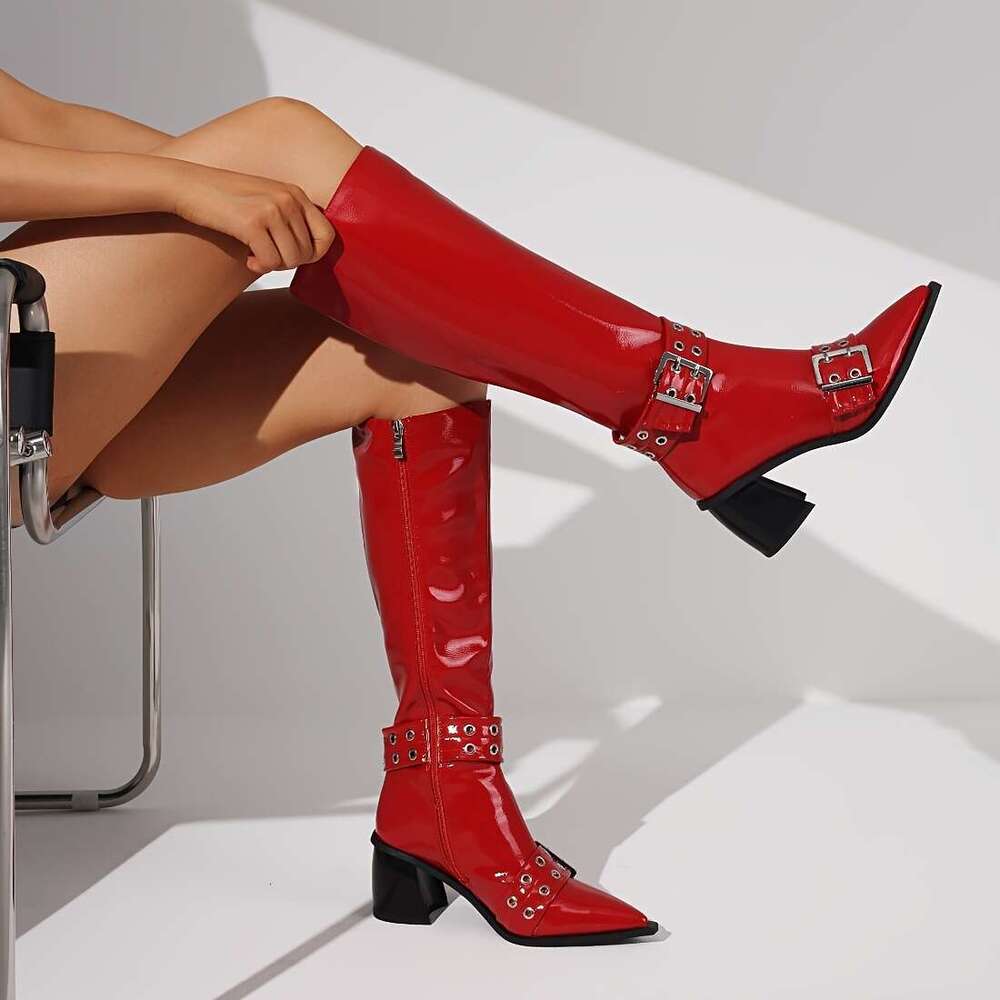 Women's Retro Pointed Toe Chunky Mid-Calf - Glossy Black PU Cover, All-Season Versatile Ankle With Rubber Sole For Casual & Formal Outfits, Allse