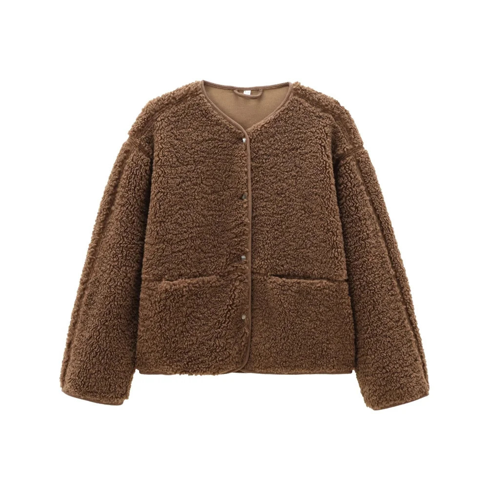 autumn and winter womens loose casual longsleeved round neck solid color comfortable simple fleece jacket 251028