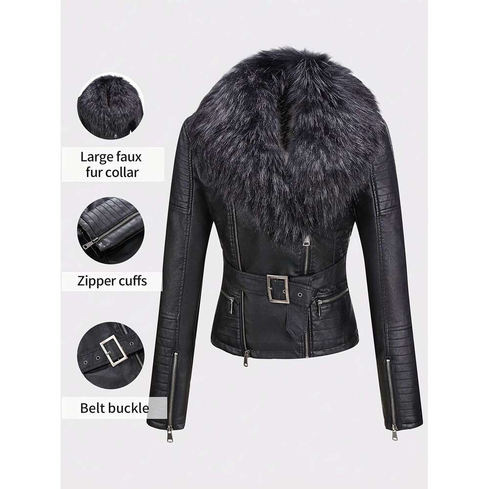 Women S Autumn Winter PU Leather Jacket Fashion Warm Large Faux Fur Collar Biker Jacket Coat