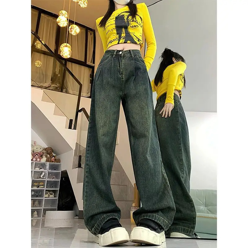 Women Korean Vintage Simple Casual Streetwear Y2K Wide Leg Jeans Female High Waist Loose Pockets Straight Denim Pants Pantalones 251029