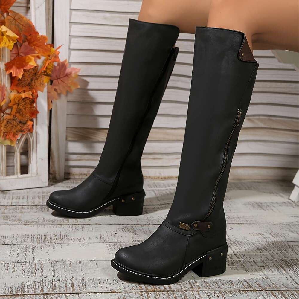 Vintage Style Women's Knee Boots With Side Zipper, Chunky High Heel, Round Toe, Solid Color, Faux Leather, TPR Sole, Casual Fall Collection
