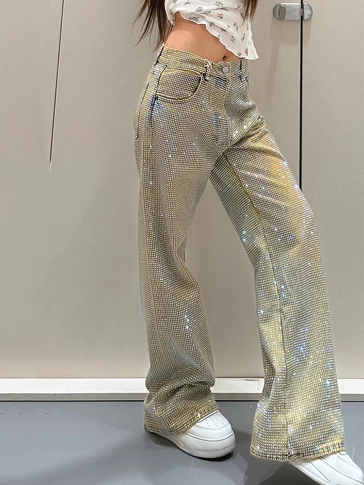 Y2K Women Diamond Jeans Spicy n Summer Spring Style Personality Star Print Niche Straight Leg Long Pants 251029