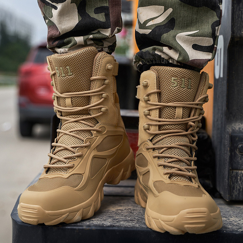 Designer Men's Shoes Outdoor Luxury Hiking Boots High-top Tactical Special Forces Military Boots Winter Warm Sneakers Work Safety Shoes Black Kha