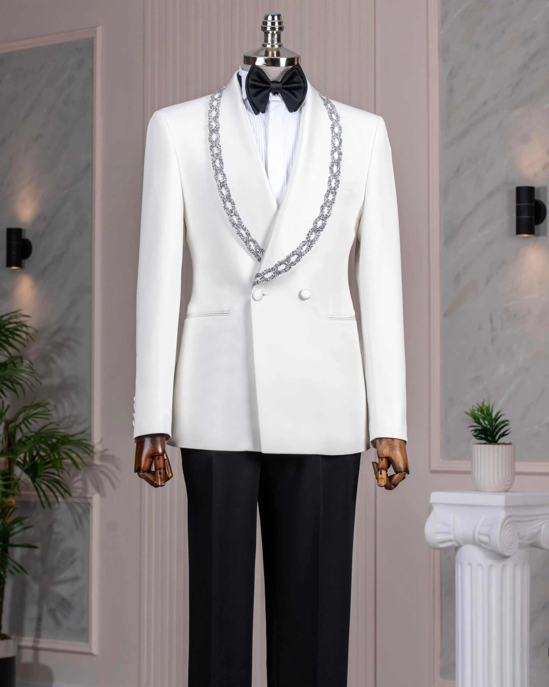 Formal Groom Wedding Tuxedos 2 Pieces Shawl Lapel Double Breasted Men Suits Crystals Prom Blazers Customized