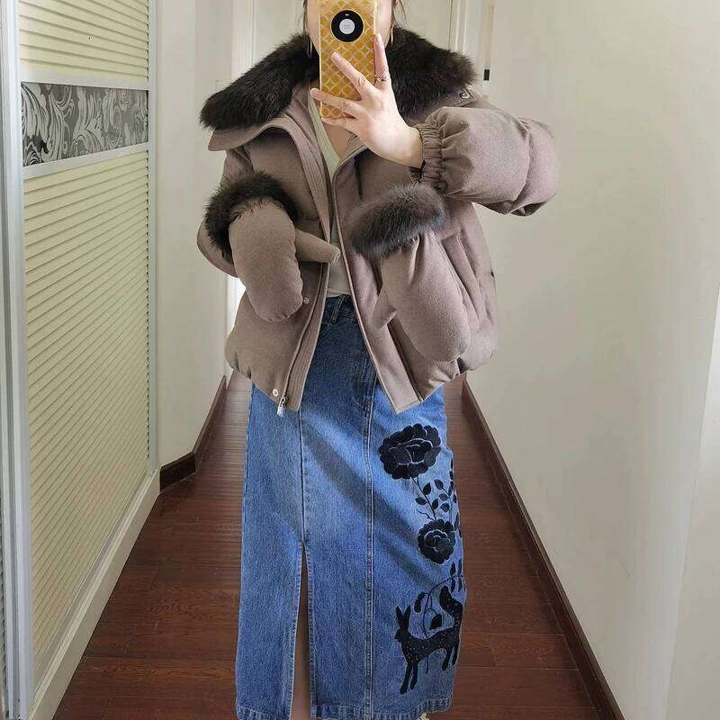 Women Cashmere Coat Filling Goose Down Overcoat Natural Fox Fur Jacket Soft Coats Designer Women