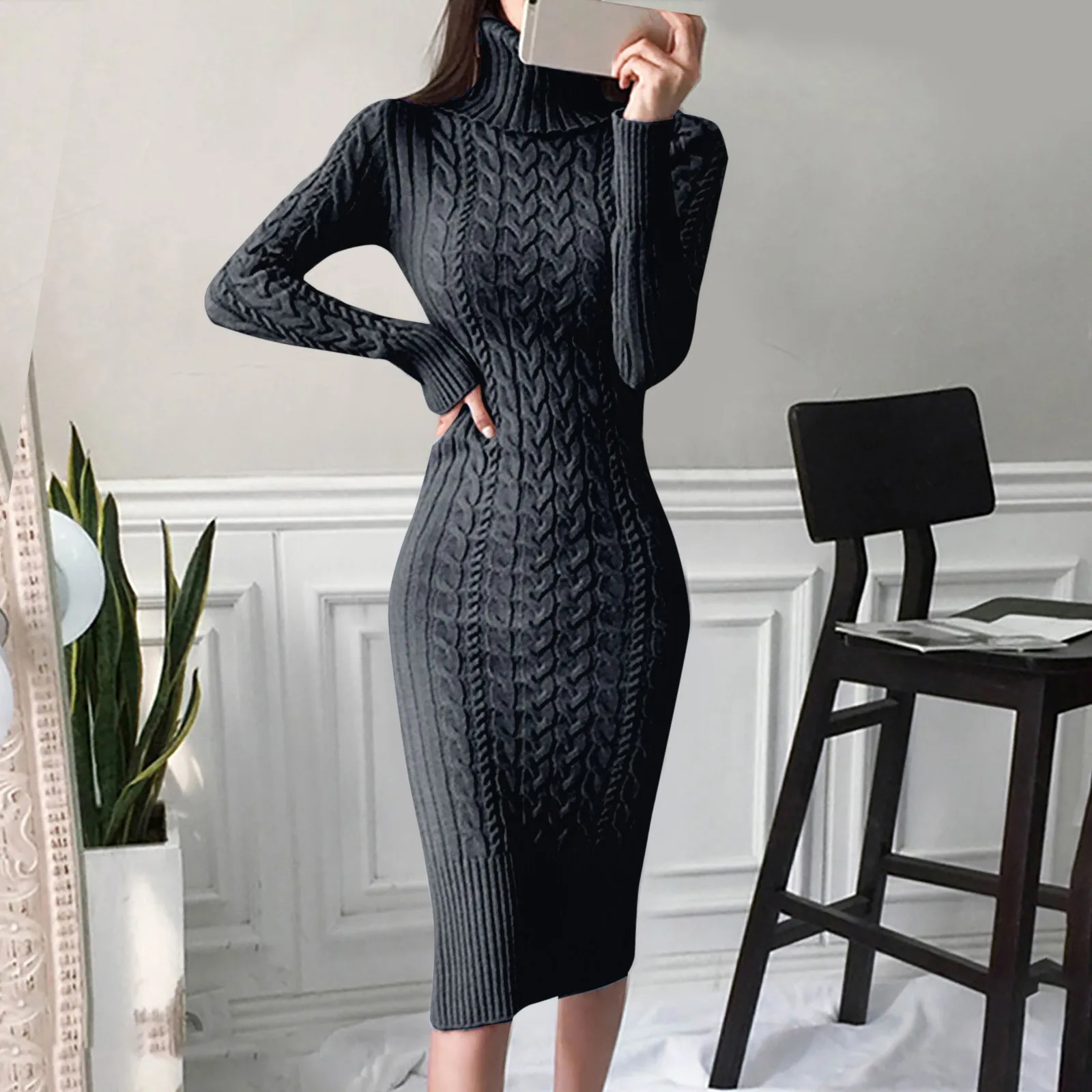 Autumn and Winter Womens Long Sleeve Turtleneck Sweater Dresses Warm Knitted Bodycon Pullovers Jumper Dresses Vestidos Largos 251029