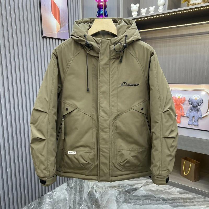 Men's Down Hooded White Duck Jacket Outdoor Multi-Functional Workwear Thick Warm Solid Color Coat Windproof Mountaineering