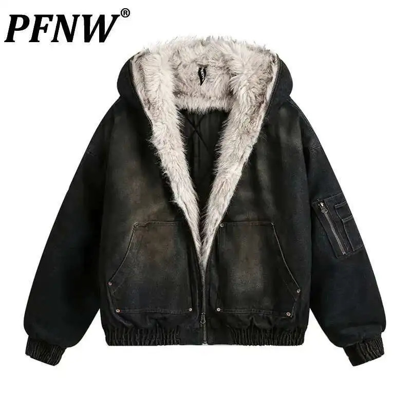 PFNW Menswear Thickened Denim Quilted Padded Jackets Autumn Winter Trend Oversized Fur Collar Hooded Cottonpadded Coat 251029
