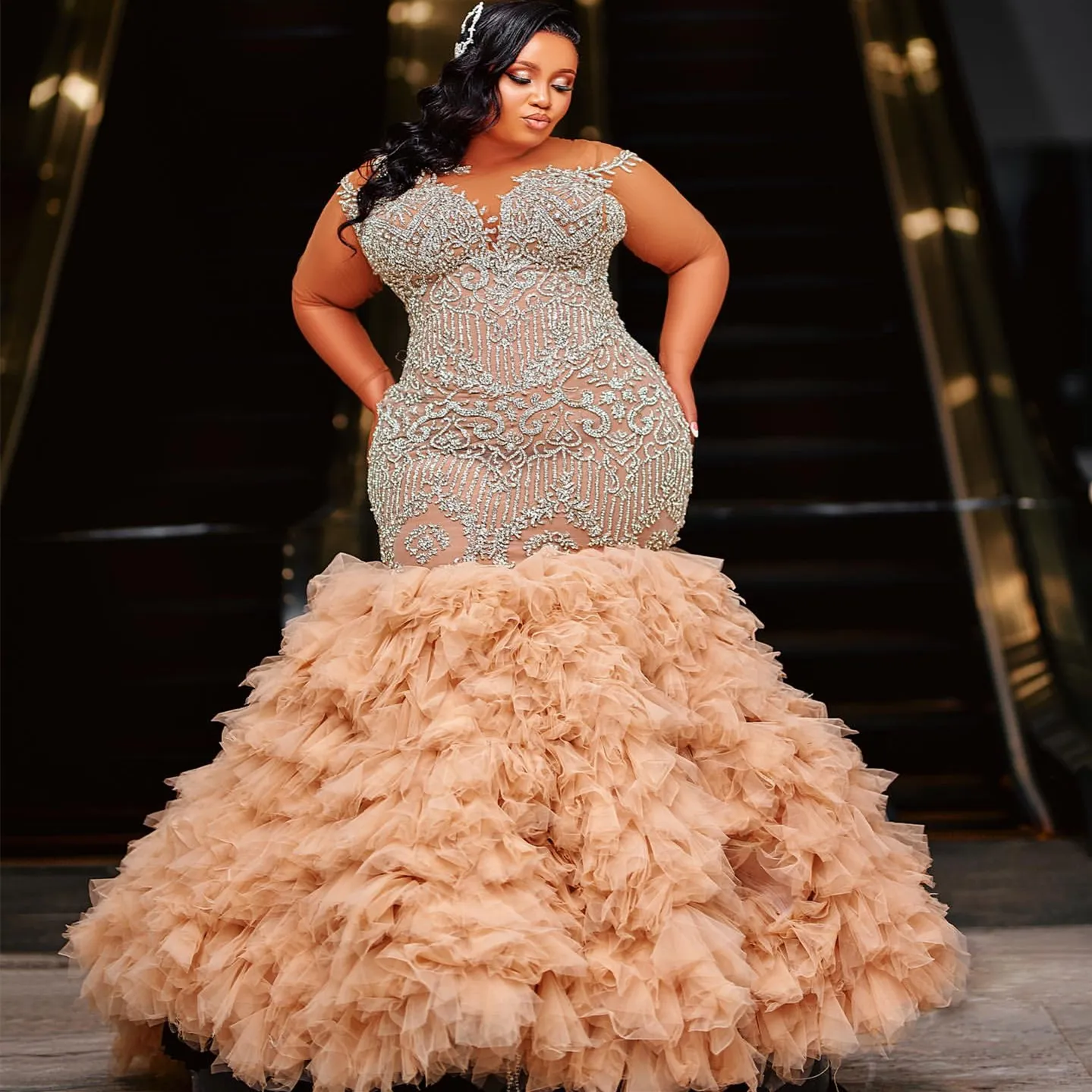 Mermaid Wedding Dresses Champagne Illusion Plus Size Lacefull Beaded Vintage Bridal Gowns Dress vestidos de novia