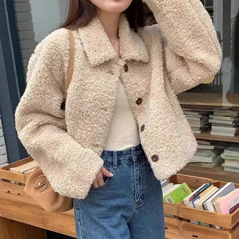 Women Autumn Winter Double Fleece Warm Thicken Jacket Turndown SingleBreasted Short Outerwear Loose Fashion Casual Overcoat 251028
