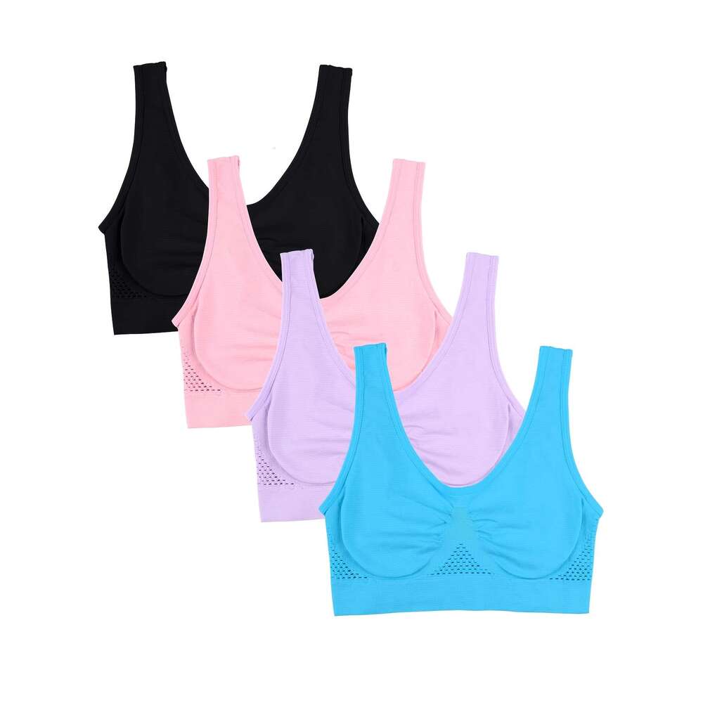 4pcs Women's High- Racerback Sports No Padding, Full-Coverage Back Panel & High Mesh-like Cutouts, Breathable Yoga Gym Running Bras Pink/Black//T