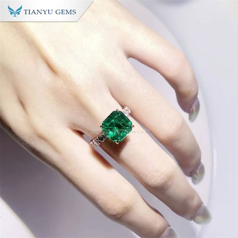 Tianyu Gems Asscher Cut 10x10mm Lab Emerald Lab Diamond Rings Rose Gold 10k 14k 18k Women Wedding Engagement Anniversary Ring