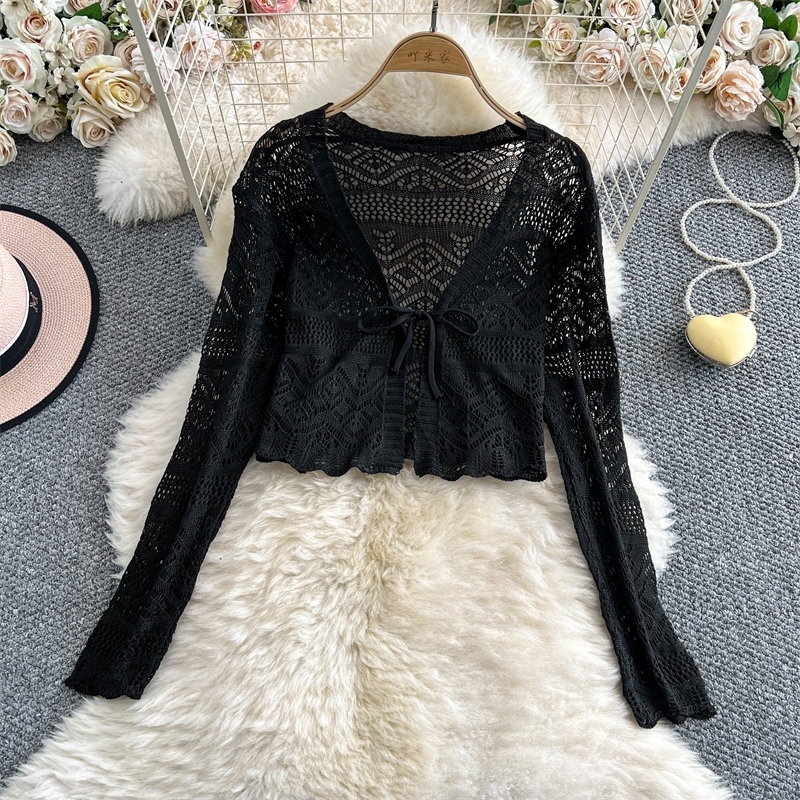 Women Tie Front Crop Cardigan Sheer Openwork Crochet Knit Top Lightweight Bolero Sweater Summer Fairycore Boho Chic Beach Outfit 251010