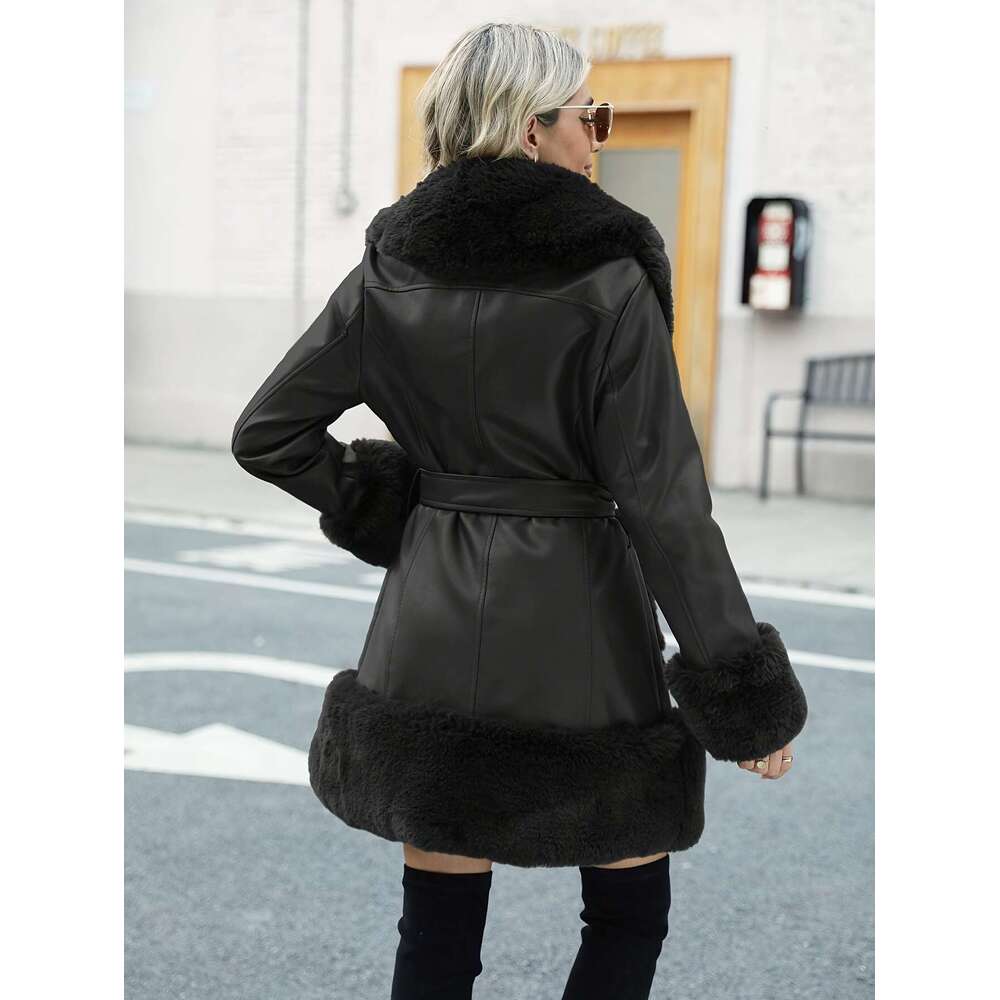 Women S Faux Fur Lined PU Jacket Casual Chic Brown Coat With Adjustable Belt Long Sleeves And Front Pockets For Fall Winter Stylish Outerwear Fall Wea