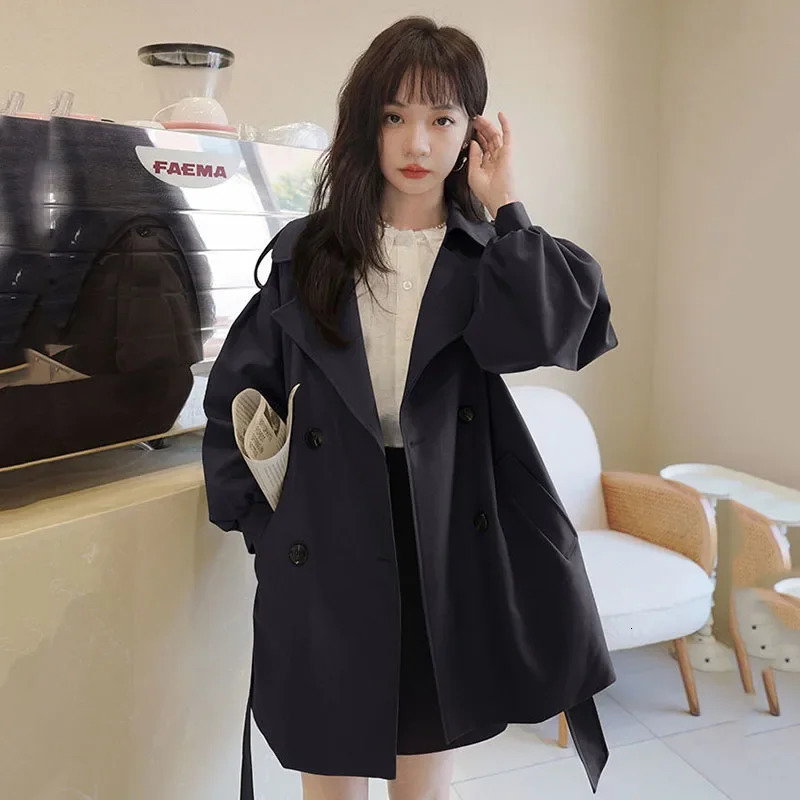 Vintage Brown Short Trench Jacket Women Korean Fashion High Street DoubleBreasted Windbreaker Autumn Winter Waistband Outwear 251030