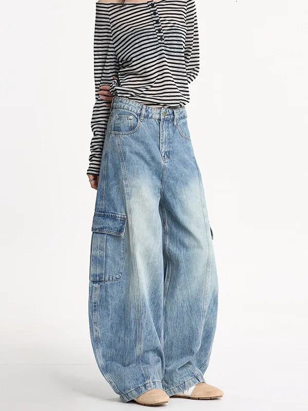 Americanstyle Washed LightningStitch Patchwork Oversized Pocket Workwear Pants Unisex Oversized Fit Denim Trousers Soft 251029